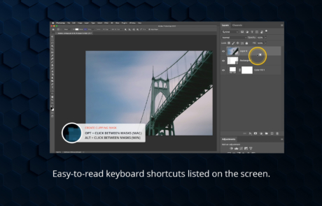 Layers and masks in Photoshop CC: Easy-to-read keyboard shortcuts listed on the screen.