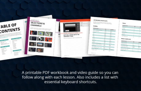 Layers and masks in Photoshop CC: A printable PDF workbook and video guide so you can follow along with each lesson. Also includes a list with essential keyboard shortcuts.