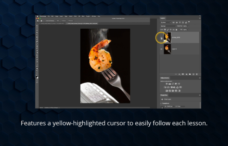 Layers and masks in Photoshop CC: Features a yellow-highlighted cursor to easily follow each lesson.