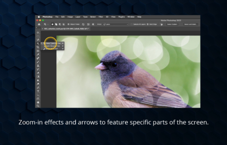 Layers and masks in Photoshop CC: Zoom-in effects and arrows to feature specific parts of the screen.