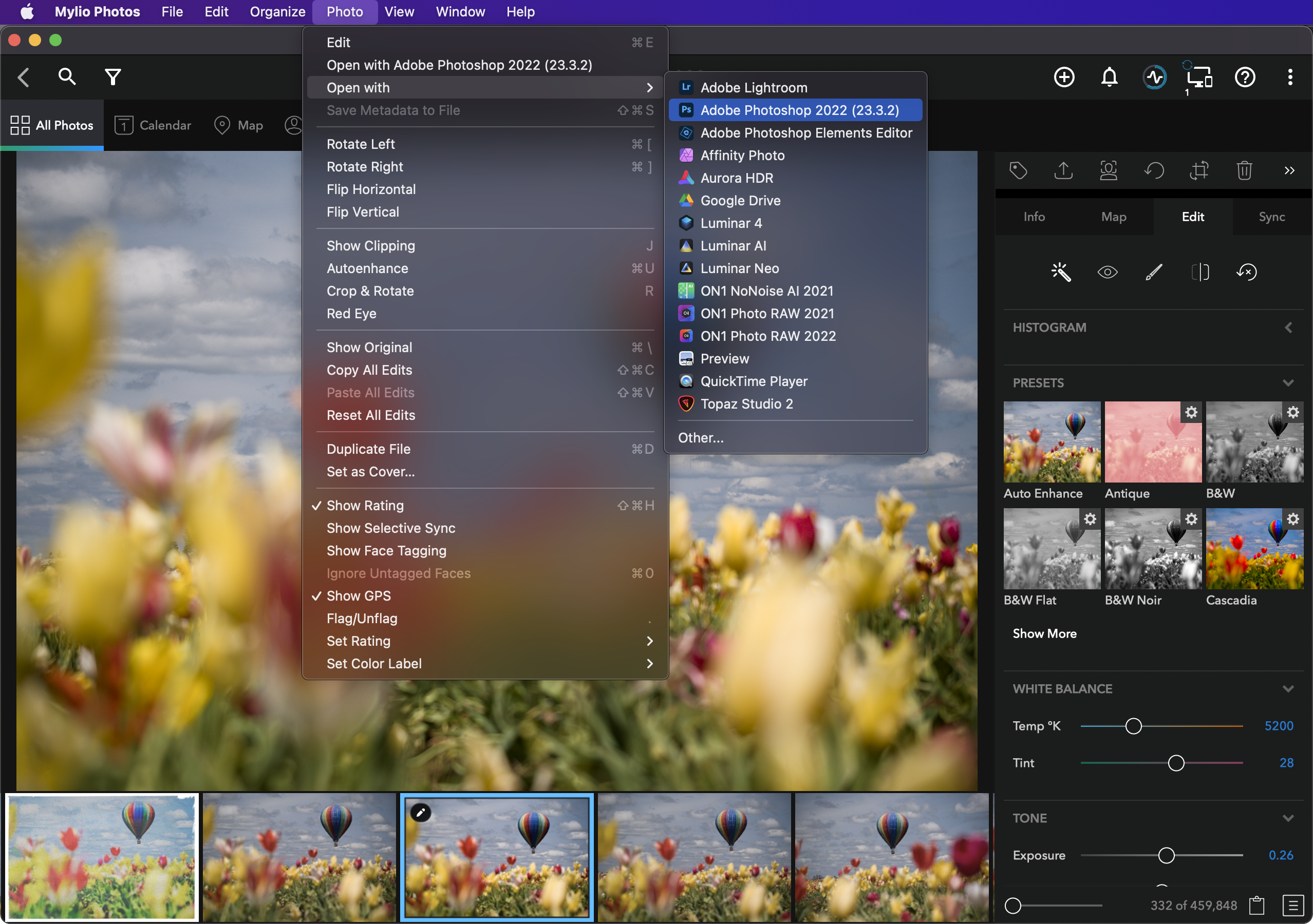 Mylio Photos can export images to external applications for further editing.