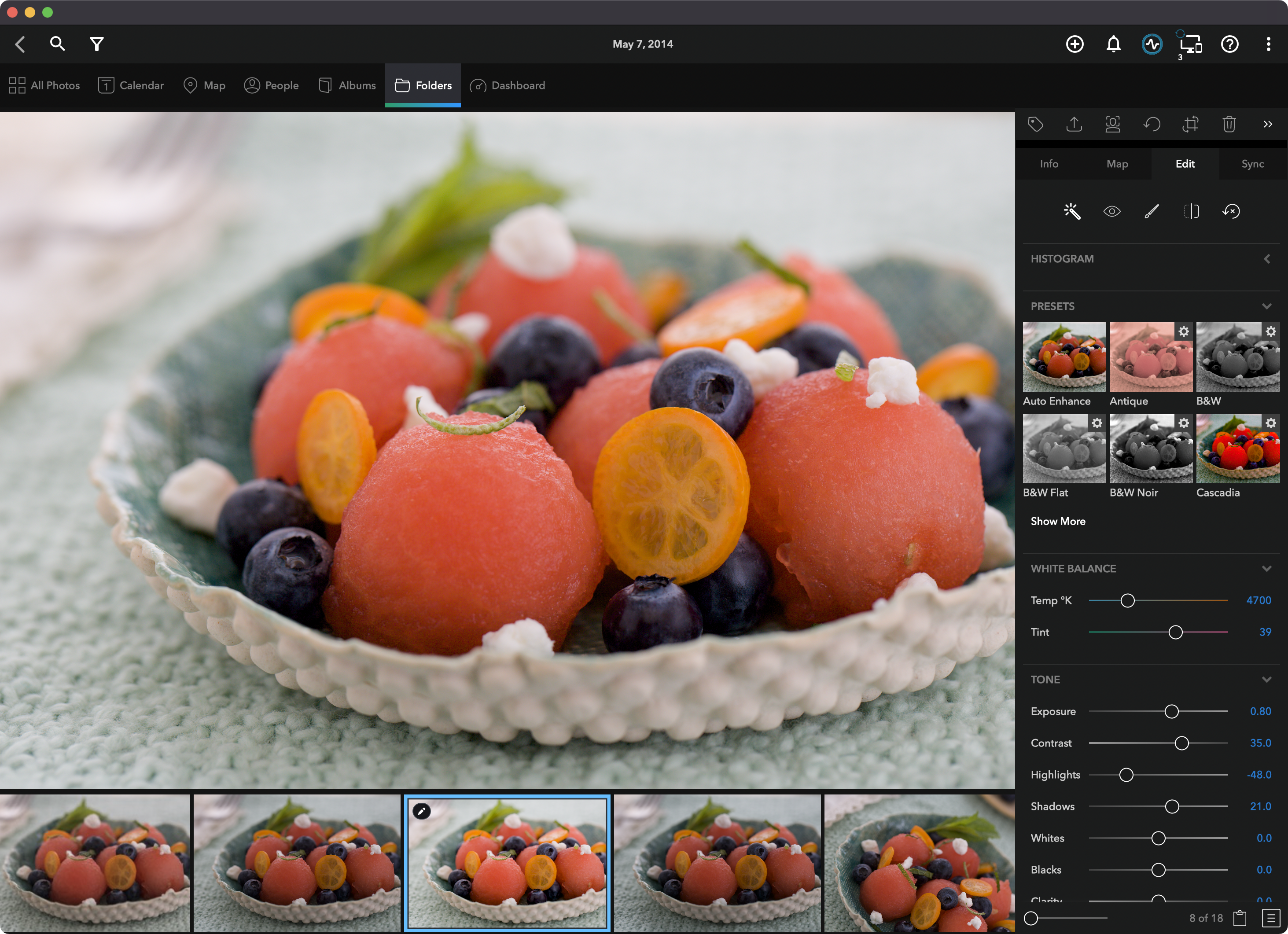 Mylio Photos has an editing panel on the right that allows you to make enhancements to your photos before exporting or sharing.